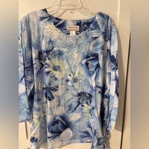 Alfred Dunner Blue Floral Long Sleeve Knit Top Size 2X